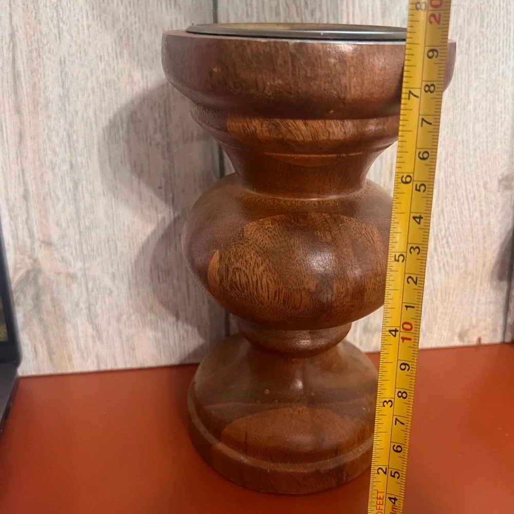 Vintage Turned Wood Pillar Candle Holder Brown Farmhouse Rustic Home Decor 7.5in